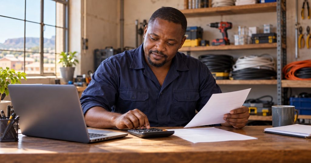 Register for vat. A small electrical-business owner reviews business records with a calculator and laptop at a desk in his workshop.